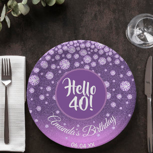 Plato De Papel 40.º purpurina rosa morado de diamantes de fiesta