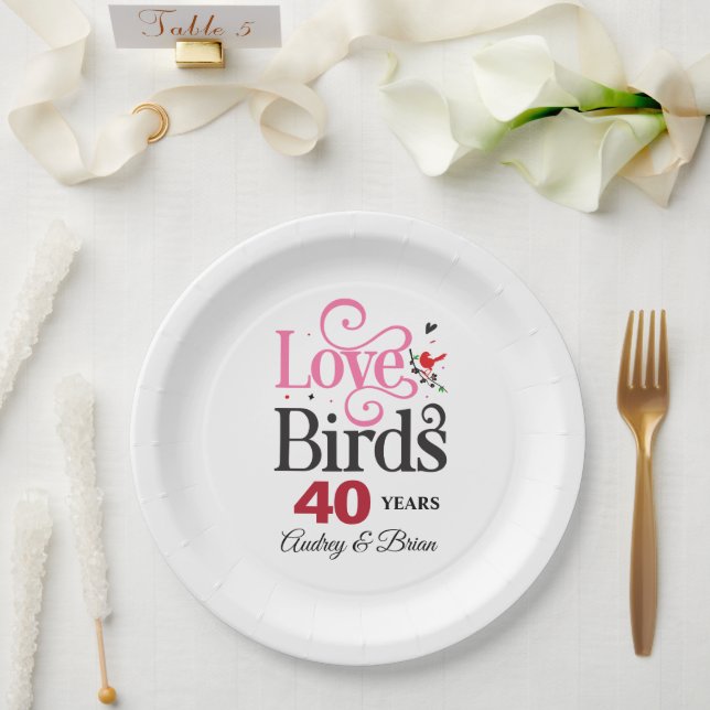 Plato De Papel 40° Aniversario Amor Aves Personalizadas (Boda)