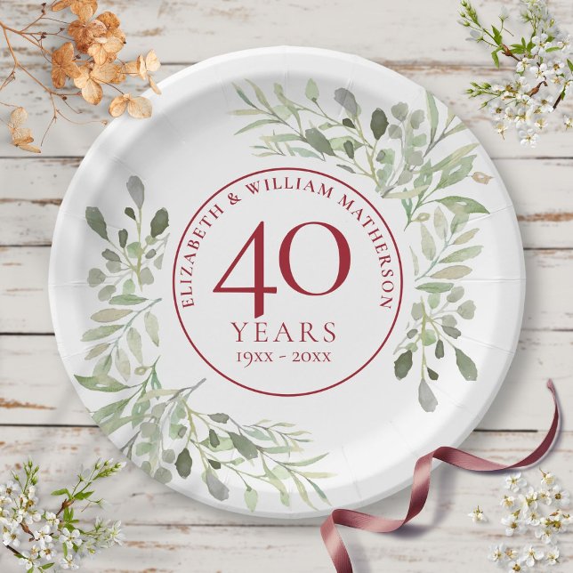 Plato De Papel 40 Aniversario de Bodas de Rubí Country Greenery (40th Ruby Wedding Anniversary Country Greenery Paper Plates)