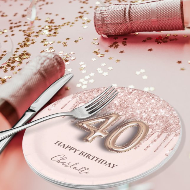 Plato De Papel 40 años rosa purpurina oro estilo globo rosa (Subido por el creador)