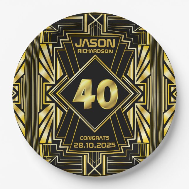 Plato De Papel 40 cumpleaños Art Deco Oro Gran Gatsby Negro (Anverso)
