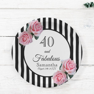 Plato De Papel 40 fabulosos cumpleaños rayas negras flores rosada