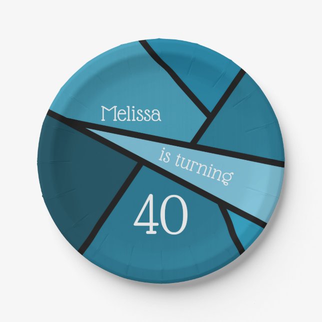 Plato De Papel 40 geométrico Verde azulado moderno 40 cumpleaños (Anverso)