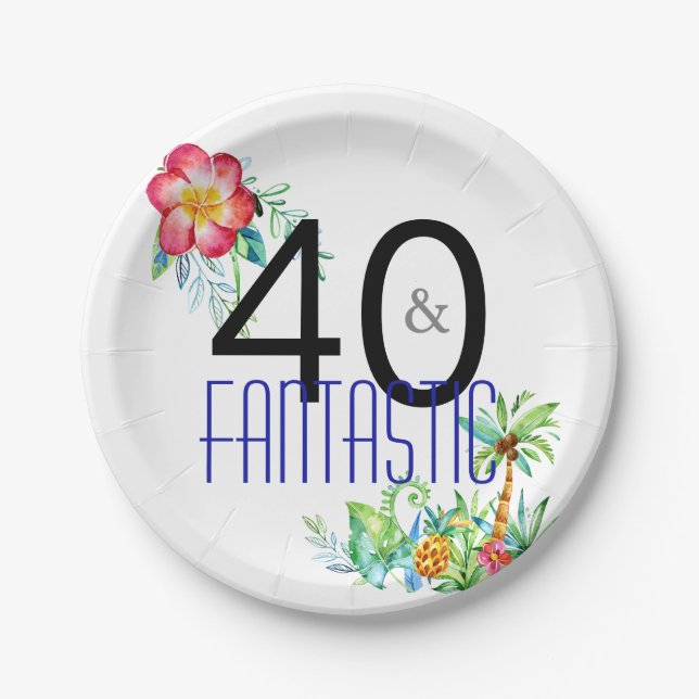 Plato De Papel 40 y 40.a fiesta de cumpleaños tropical fantástica (Anverso)