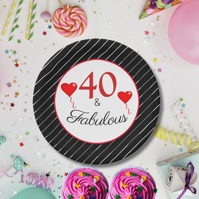 Plato De Papel 40 y fabulosa franja blanca roja 40 de cumpleaños (40 & Fabulous Red 40th Birthday Black White Stripe Paper Plates)