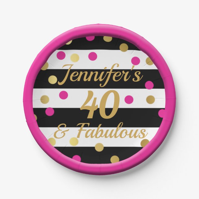 Plato De Papel 40 y fabuloso cumpleaños blanco de oro rosado (Anverso)