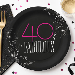 Plato De Papel 40 y Fabuloso Cumpleaños Negro Rosa Glam Brillante