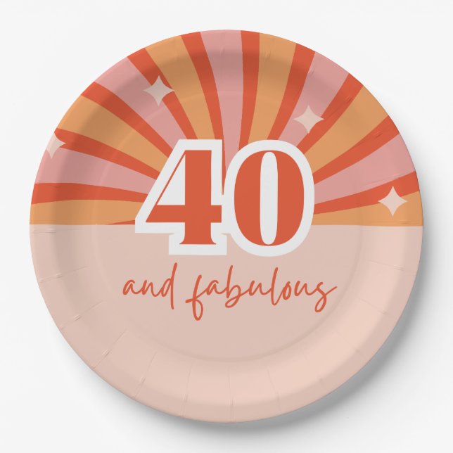 Plato De Papel "40 y fabuloso", durazno retro brillante (Anverso)