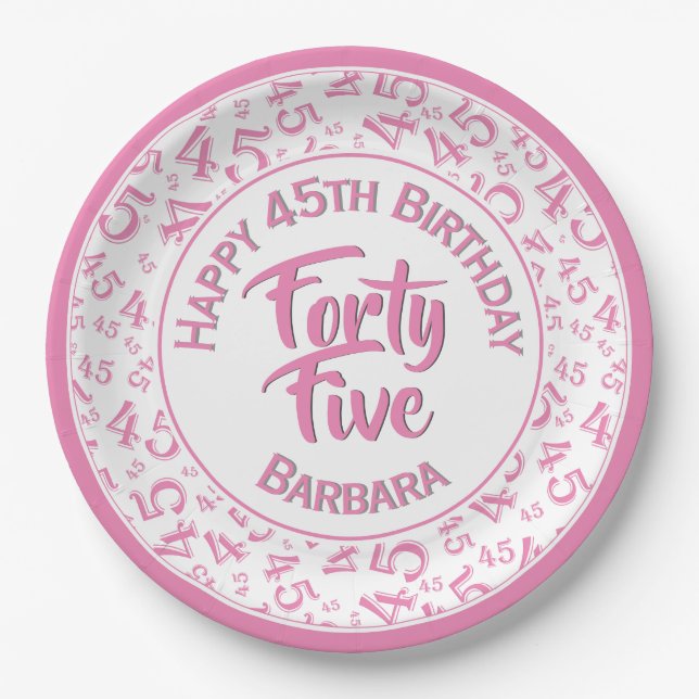 Plato De Papel 45.º patrón de número aleatorio rosa/blanco (Anverso)