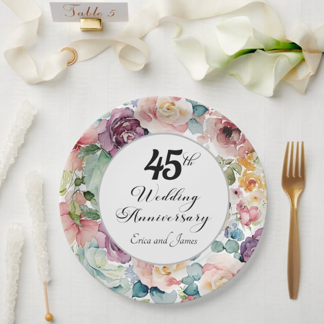 Plato De Papel 45° Aniversario Boda Elegante Script Floral (Boda)