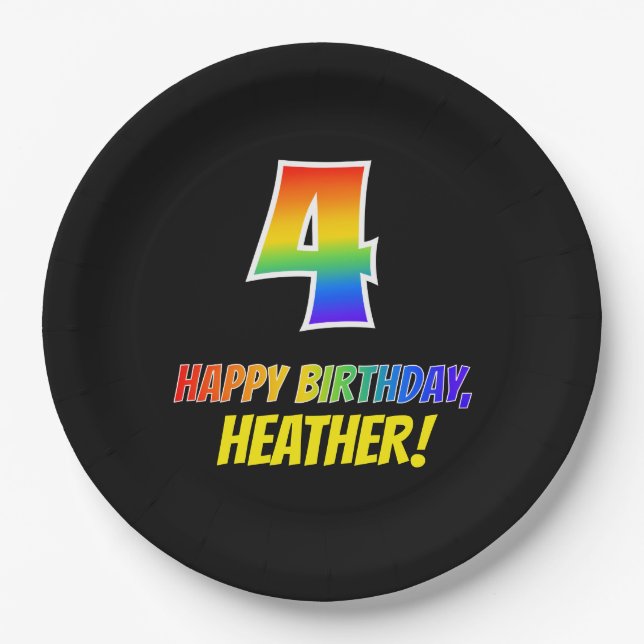 Plato De Papel 4.º cumpleaños: audaz, divertido, simple, arcoiris (Anverso)