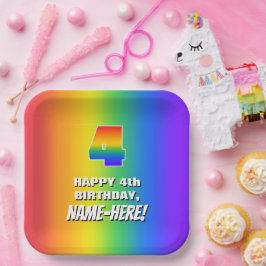 Plato De Papel 4.º cumpleaños: Colorido, divertido patrón arcoiri