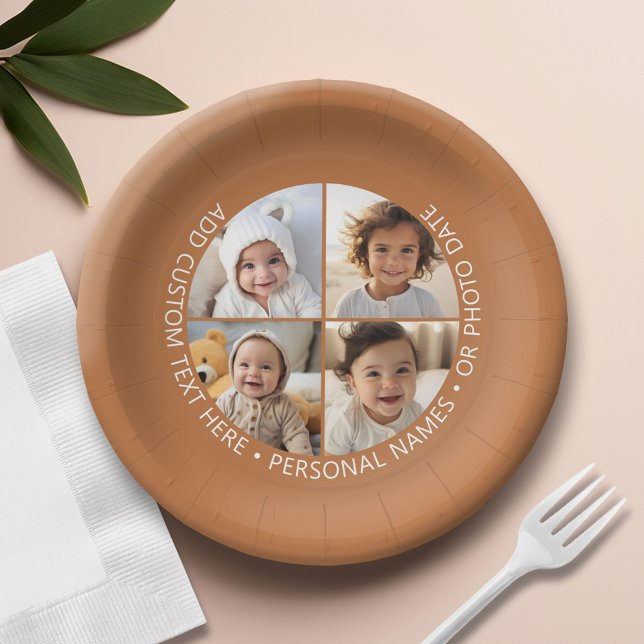 Plato De Papel 4 Collages de fotos con texto Personalizado curvat (Custom Paper Plate)