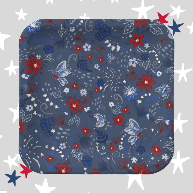 Plato De Papel 4 de julio, azul blanco rojo patriótico de la inde (4th of July, Independence Day, Red White and Blue, Floral, Flowers, Hummingbirds, Butterflies, Bees)