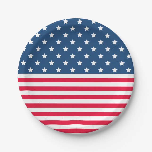 Plato De Papel 4 de julio Estrellas y franjas rojo blanco y azul (Anverso)