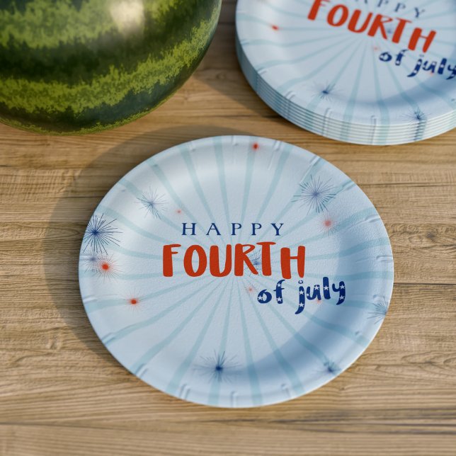 Plato De Papel 4 de julio Fiesta de fuegos artificiales BBQ Azul  (Serve up your festive delights on these fun red white and blue paper plates.)