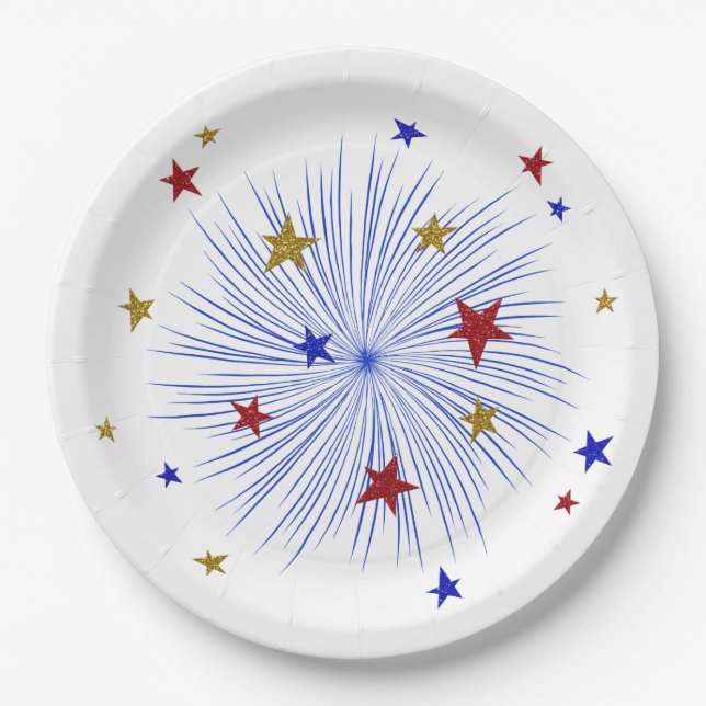 Plato De Papel 4 de julio, fuegos artificiales, Starbursts Plates (Anverso)