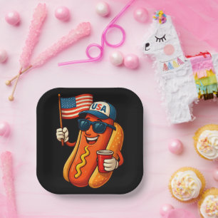Plato De Papel 4 de julio Hotdog Funny Bandera Patriótica de EEUU