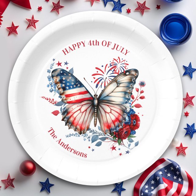 Plato De Papel 4 de julio: Nombre de familia del Día de la Indepe (4th of July Patriotic Independence Day Family Name Paper Plates)