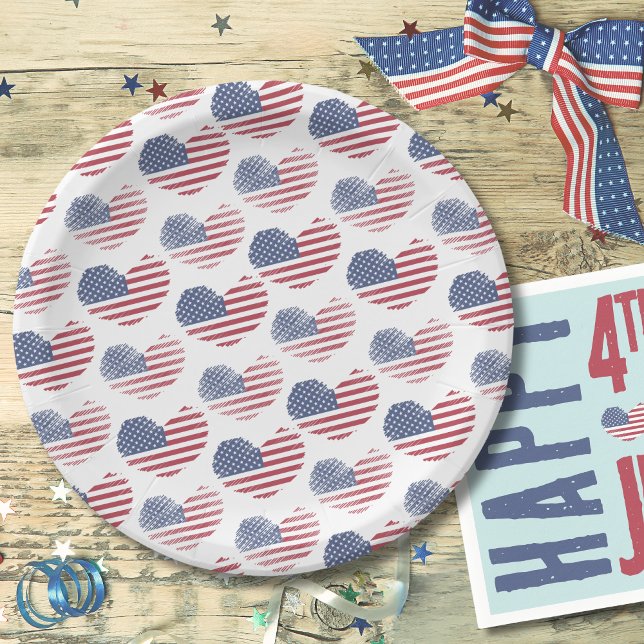 Plato De Papel 4 De Julio Patriótico Fiesta Bandera Estadounidens (Cute Patriotic American Flag Rustic Heart Pattern Paper Plates)