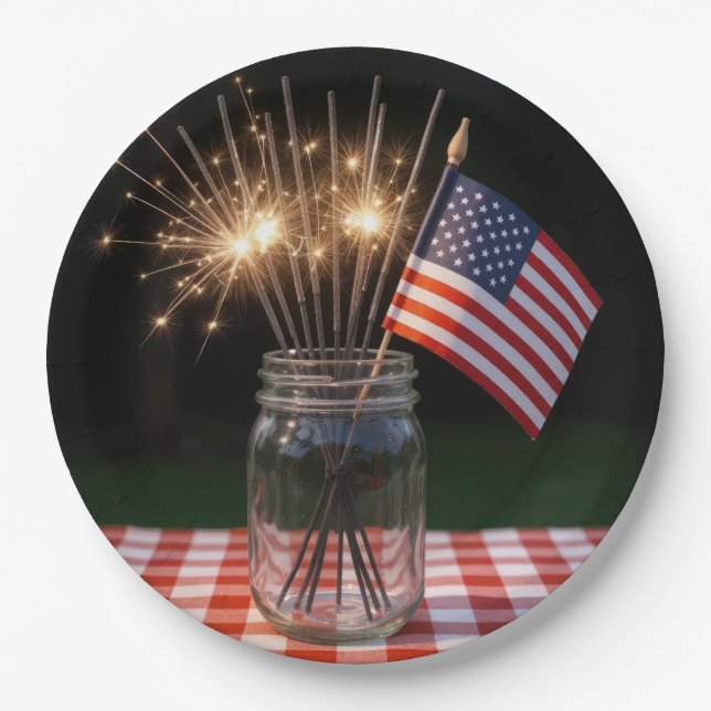 Plato De Papel 4th of July Sparklers With American Flag (Anverso)