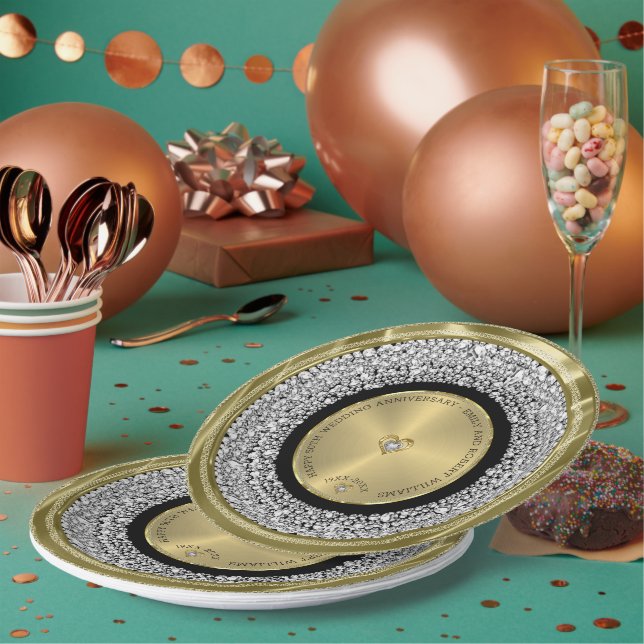 Plato De Papel 50.ª boda Aniversario de los diamantes blancos y d (Multi)
