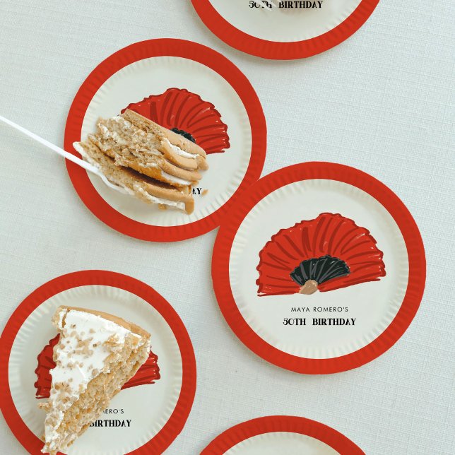Plato De Papel 50.ª fiesta de cumpleaños de fans de Flamenco (Red and black flamenco fan 50th birthday party paper plates.)