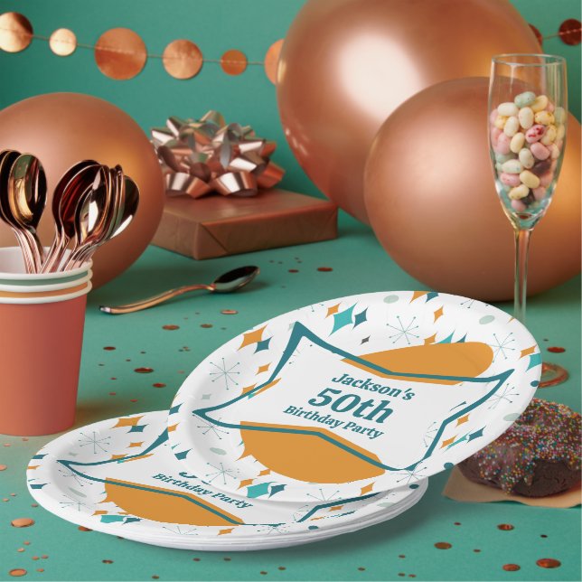 Plato De Papel 50.ª Fiesta de Cumpleaños Retro Mid Century Cualqu (Multi)