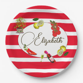 Plato De Papel 50.ª franja blanca roja mediterránea limón