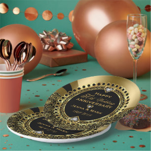 Plato De Papel 50.º aniversario Boda Floral Black & Gold 3 Din