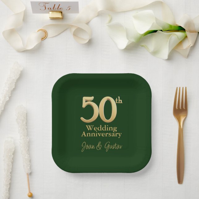 Plato De Papel 50.º Aniversario Boda | Letras de oro | Green (Boda)