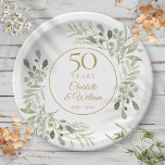 Plato De Papel 50.º Aniversario Boda Vegetación acuática<br><div class="desc">Con delicadas hojas de acuarela suave,  este diseño botánico de 50 años de moda puede ser personalizado con su información especial de 50 años en un elegante texto dorado. Diseñado por Thisisnotme©</div>