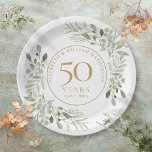 Plato De Papel 50.º Aniversario Boda Vegetación acuática<br><div class="desc">Con delicadas hojas de acuarela blanda,  esta placa botánica de moda de 50 años boda se puede personalizar con su información especial de aniversario en un elegante texto dorado. Diseñado por Thisisnotme©</div>