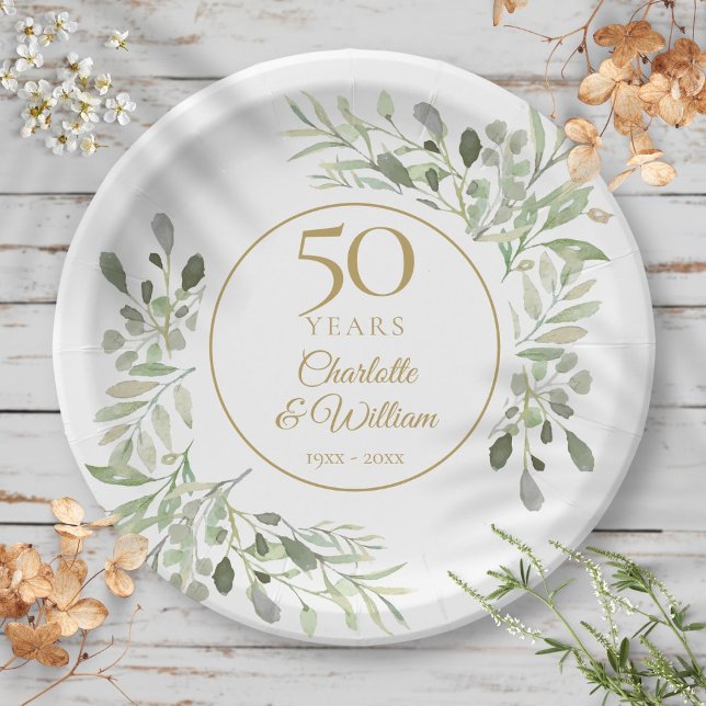 Plato De Papel 50.º Aniversario Boda Vegetación acuática (50th Wedding Anniversary Watercolor Greenery Paper Plates)