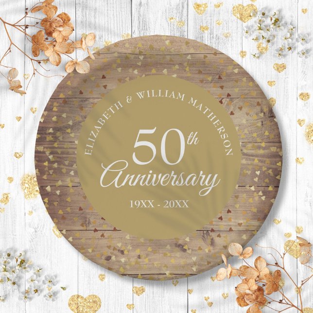 Plato De Papel 50.º Aniversario del Boda de Oro Confetti Rústico (50th Golden Wedding Anniversary Rustic Confetti Paper Plates)