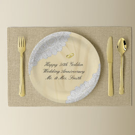Plato De Papel 50.º Aniversario del Boda de Oro Faux Satin+Lace
