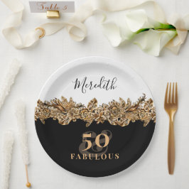 Plato De Papel 50.º Aniversario Flores Doradas Elegantes Clásicas