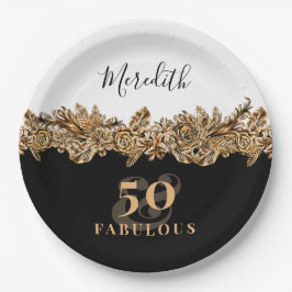 Plato De Papel 50.º Aniversario Flores Doradas Elegantes Clásicas