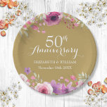 Plato De Papel 50.º Boda Aniversario Rosas de acuarela<br><div class="desc">Con delicados rosas de acuarela por encima y por debajo de su especial especial especial de 50 años de boda dorado información de aniversario en letras de moda. Diseñado por Thisisnotme©</div>