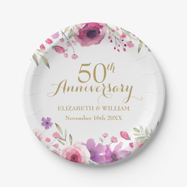 Plato De Papel 50.º Boda Aniversario Rosas de acuarela (Anverso)