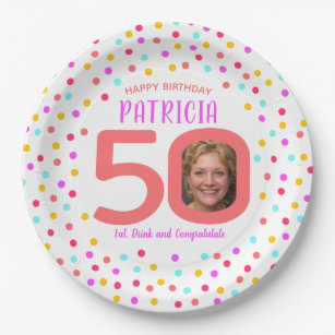 Plato De Papel 50.º confeti de cumpleaños, coral y foto rosa