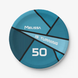 Plato De Papel 50.º cumpleaños Formas geométricas Verde azuladas 