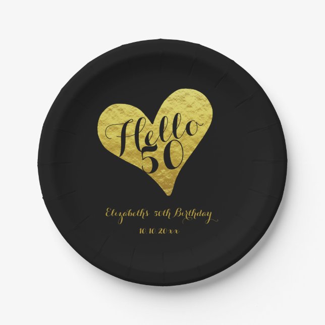 Plato De Papel 50.º cumpleaños Hola 50 negro | Faux Gold Heart (Anverso)