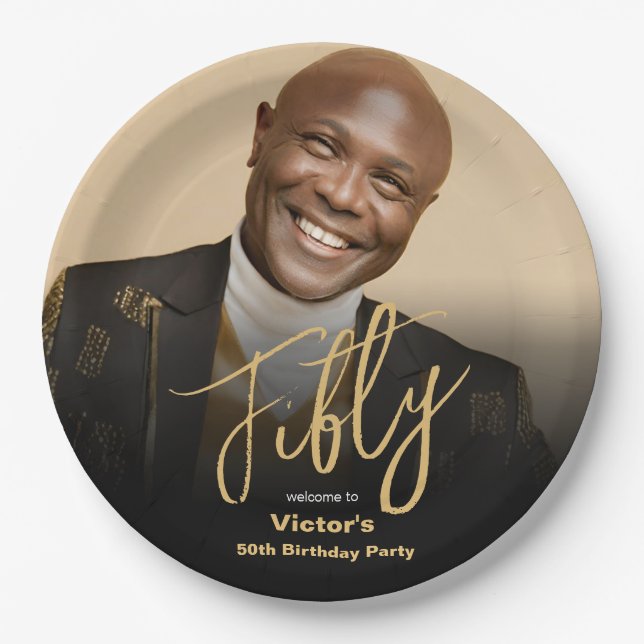 Plato De Papel 50.º cumpleaños Oro Negro Moda moderna foto Person (Anverso)
