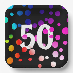 Plato De Papel 50.º cumpleaños, puntos arcoiris sobre negro