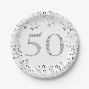 Plato De Papel 50.º cumpleaños, Purpurina plateado, Personalizado
