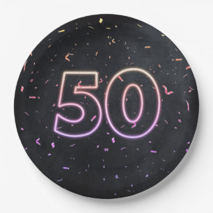 Plato De Papel 50.º cumpleaños Rótulo neón en placa de papel negr