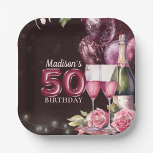 Plato De Papel 50.º cumpleaños: vino y globos personalizados