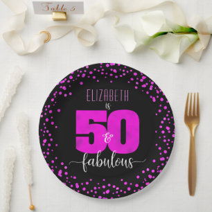 Plato De Papel 50.º fabuloso cumpleaños Relieve metalizado rosado