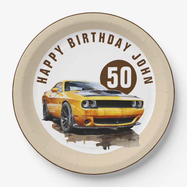 Plato De Papel 50.º Feliz Cumpleaños Classic Muscle Car (Anverso)